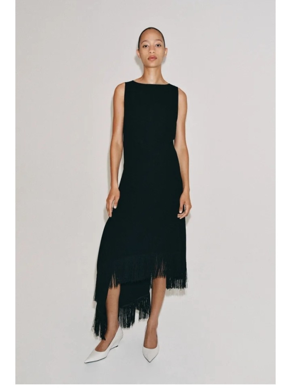 Zara Zw Collection Black Sleeveless Asymmetric Fringe Hem Long Dress Sz-M